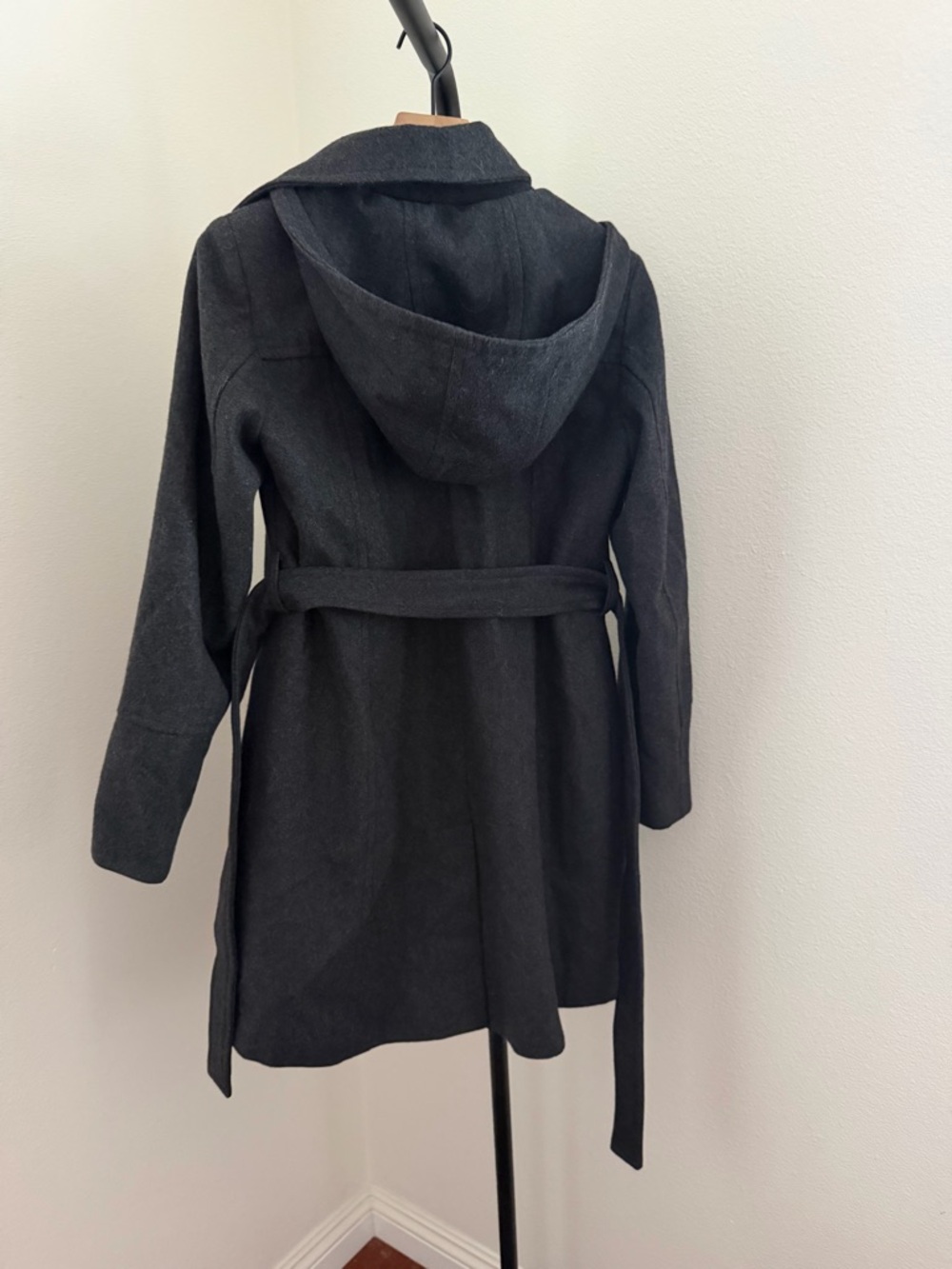 Womens Charcoal Hooded Belted Wool-Blend Coat - Picture 6 of 6